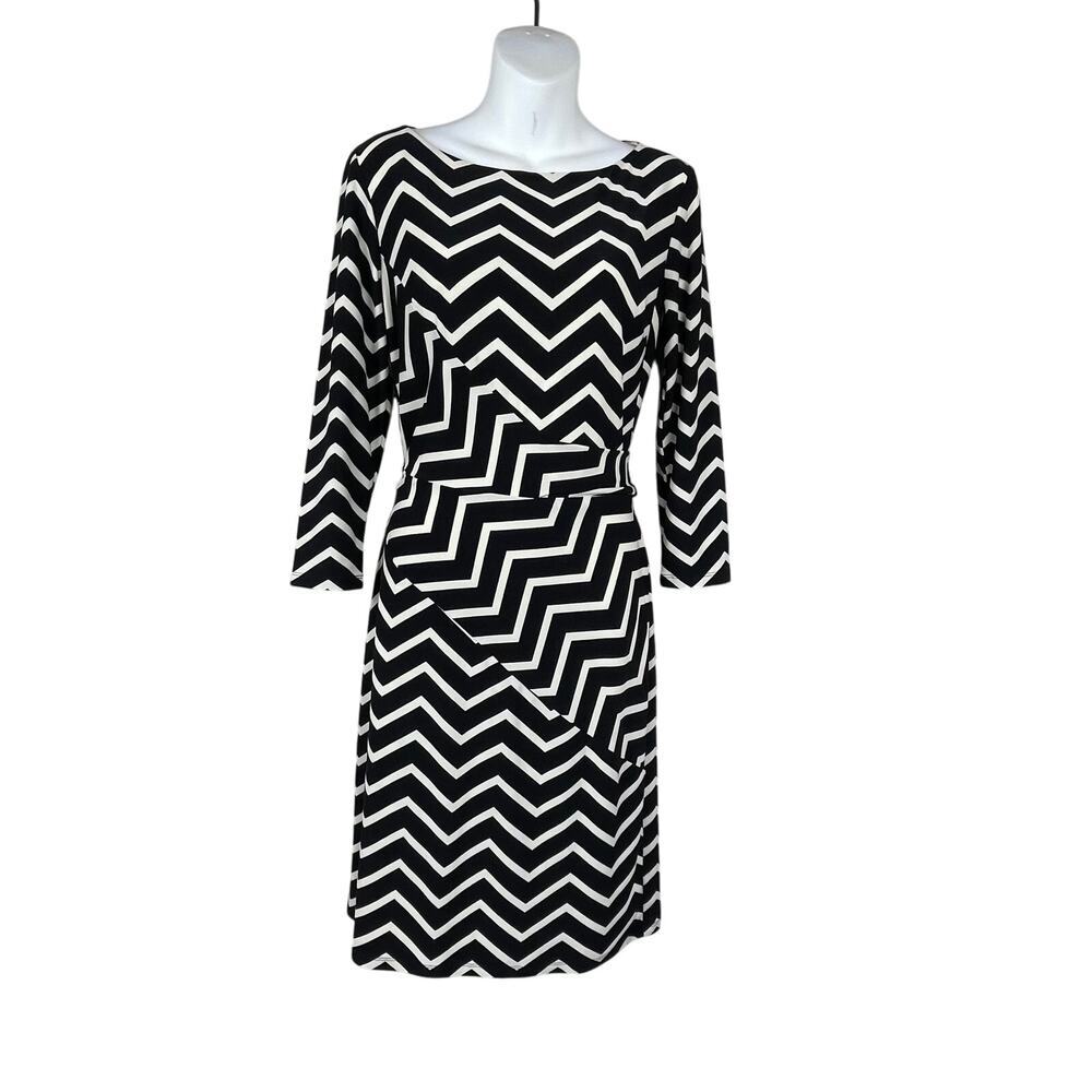 Lauren Ralph‎ Lauren Dress Career 6 Black White Chevron Zig Zag Faux Wrap Sheath